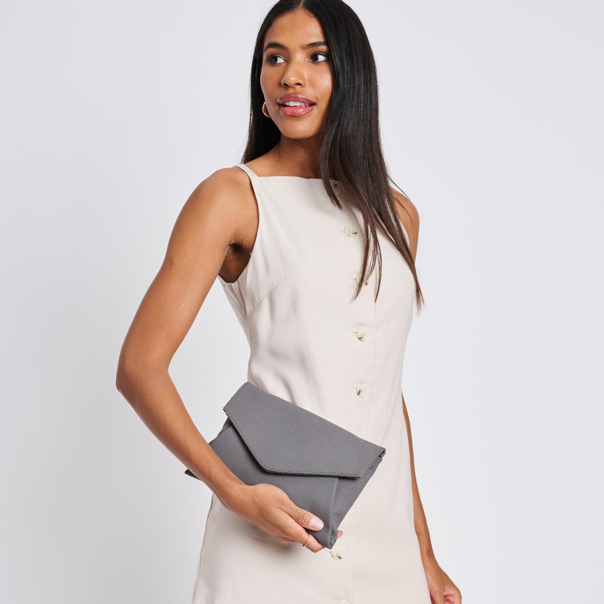 Woman wearing Grey Sol and Selene Cara Clutch 842017118190 View 2 | Grey