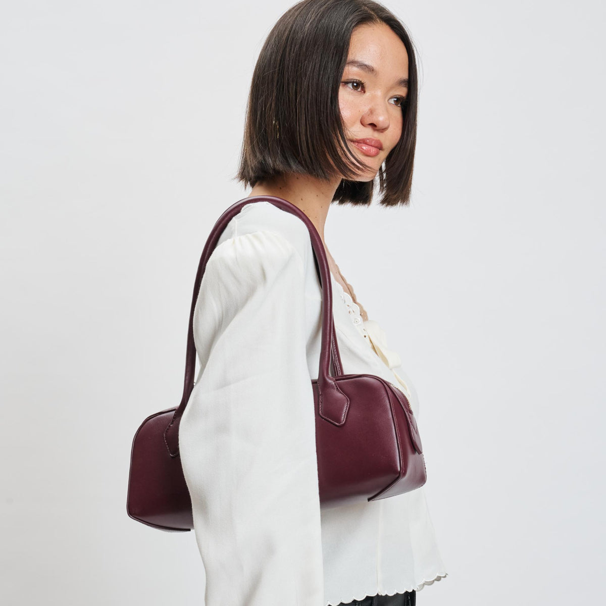 Woman wearing Wine Sol and Selene Betty Shoulder Bag 842017139416 View 3 | Wine