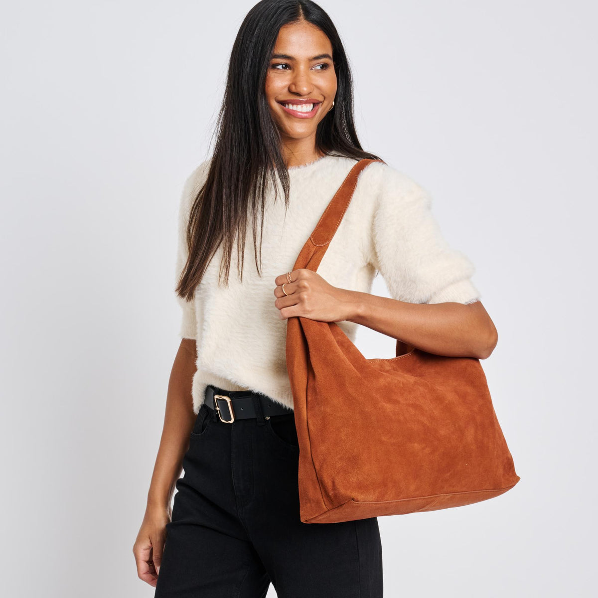 Woman wearing Tan Moda Luxe Amber Hobo 842017137061 View 2 | Tan
