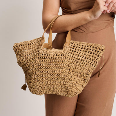 Woman wearing Natural Moda Luxe Sofia Tote 842017141006 View 1 | Natural
