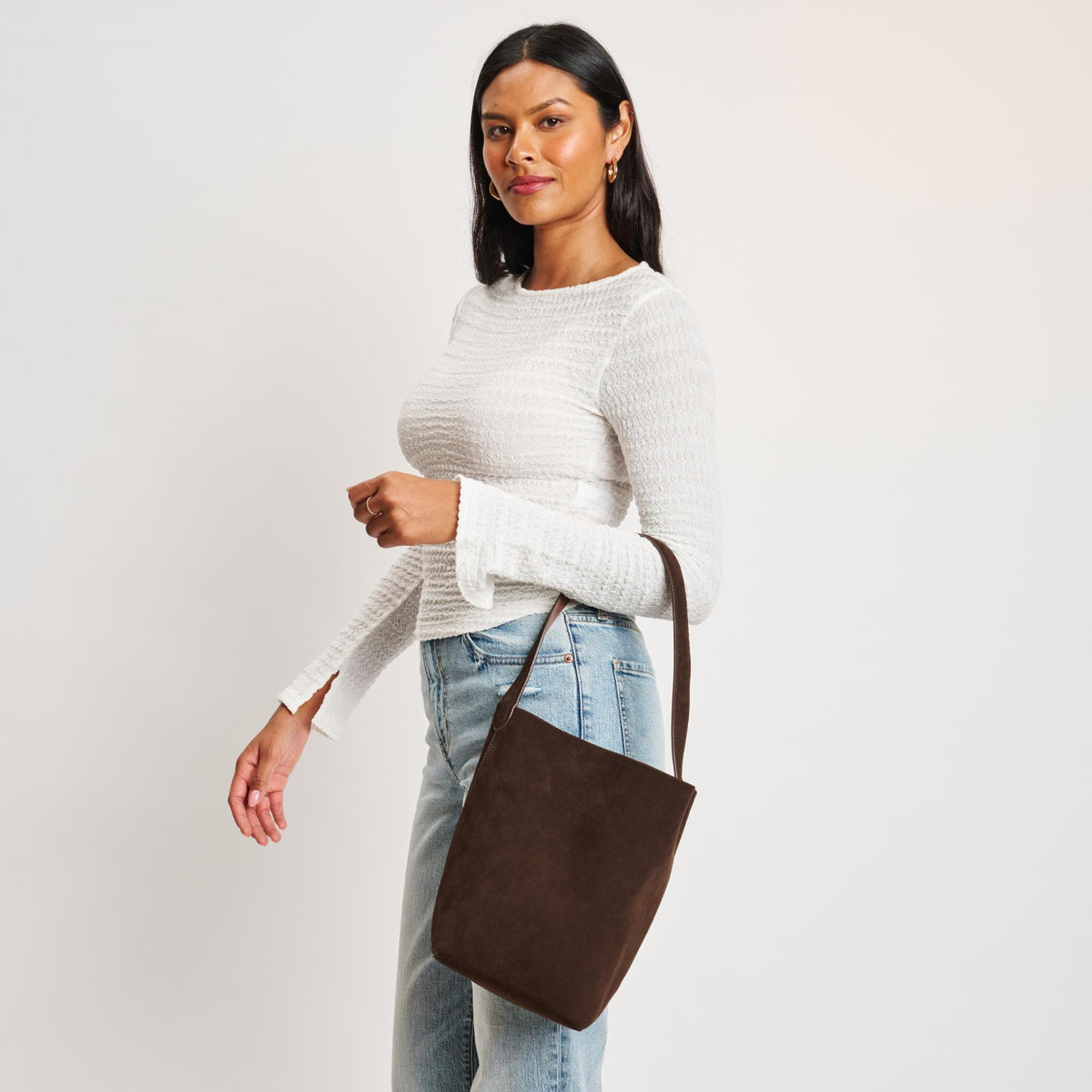 Woman wearing Chocolate Moda Luxe Colette Bucket 842017138990 View 3 | Chocolate