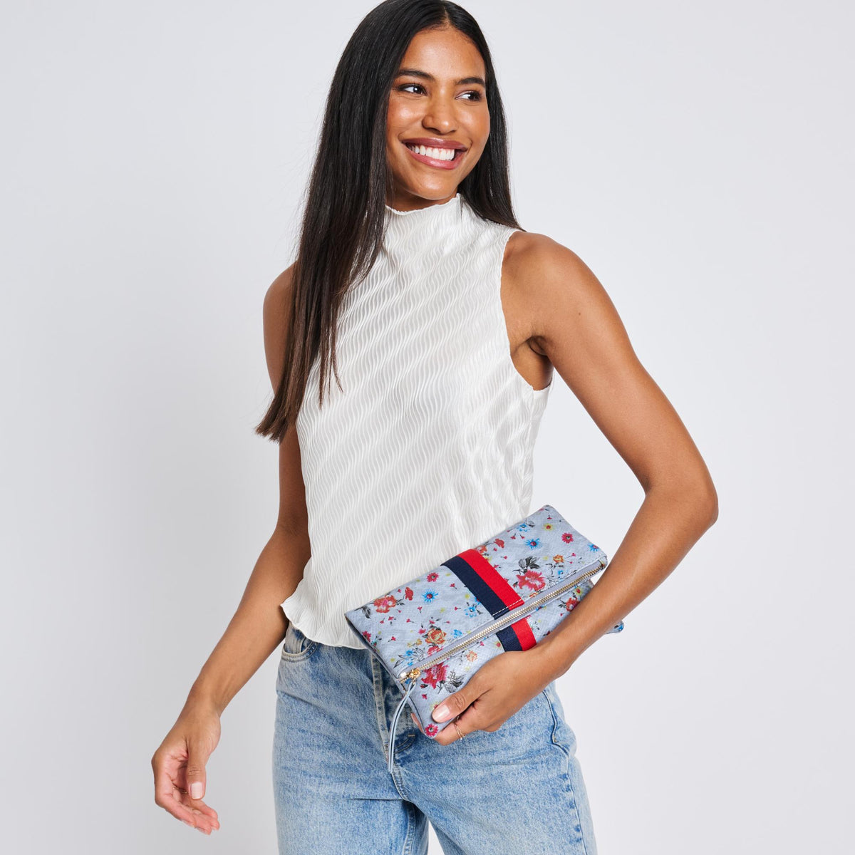 Woman wearing Blue Sol and Selene Jules Print Clutch 842017119432 View 2 | Blue