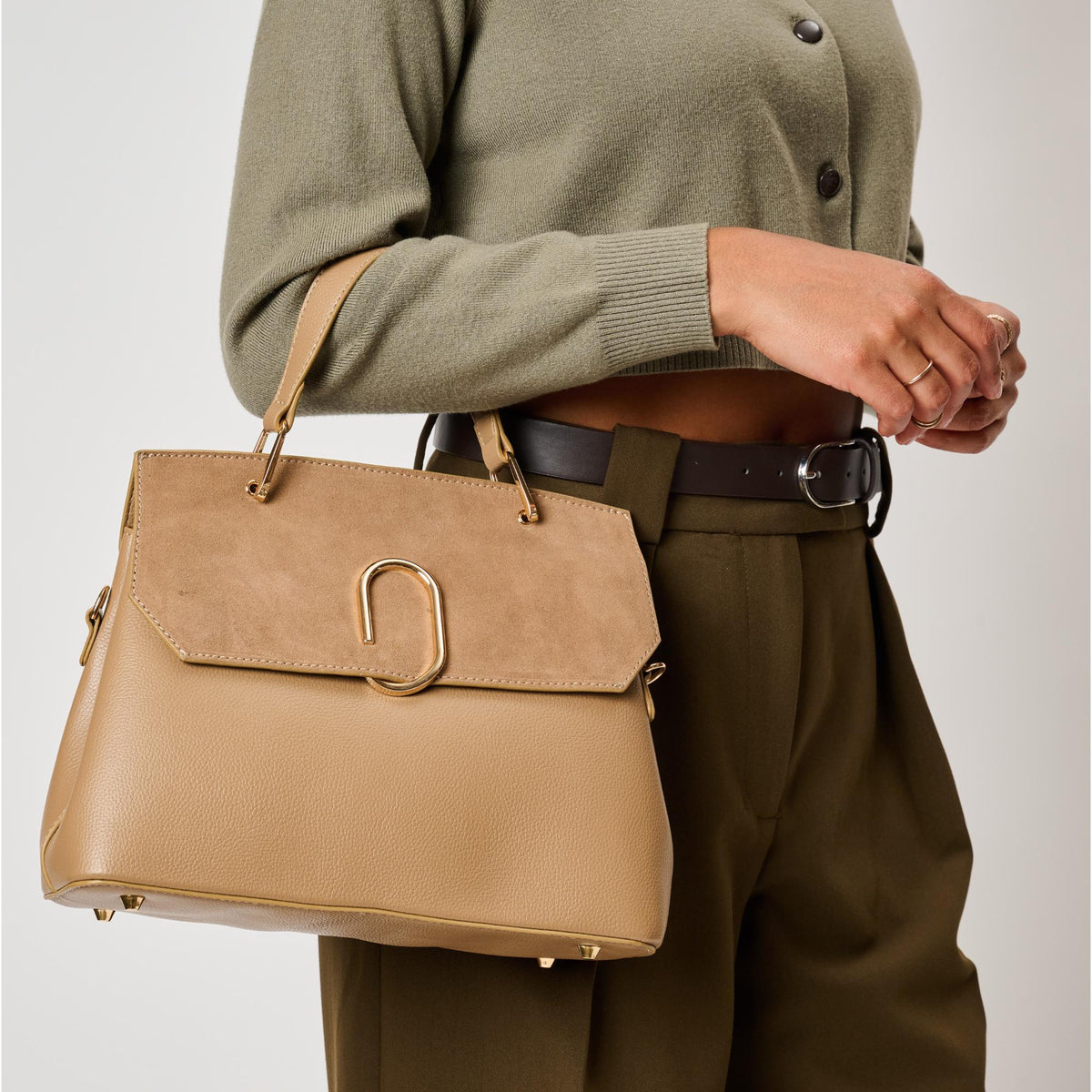 Woman wearing Mushroom Moda Luxe Nico Satchel 842017143413 View 1 | Mushroom