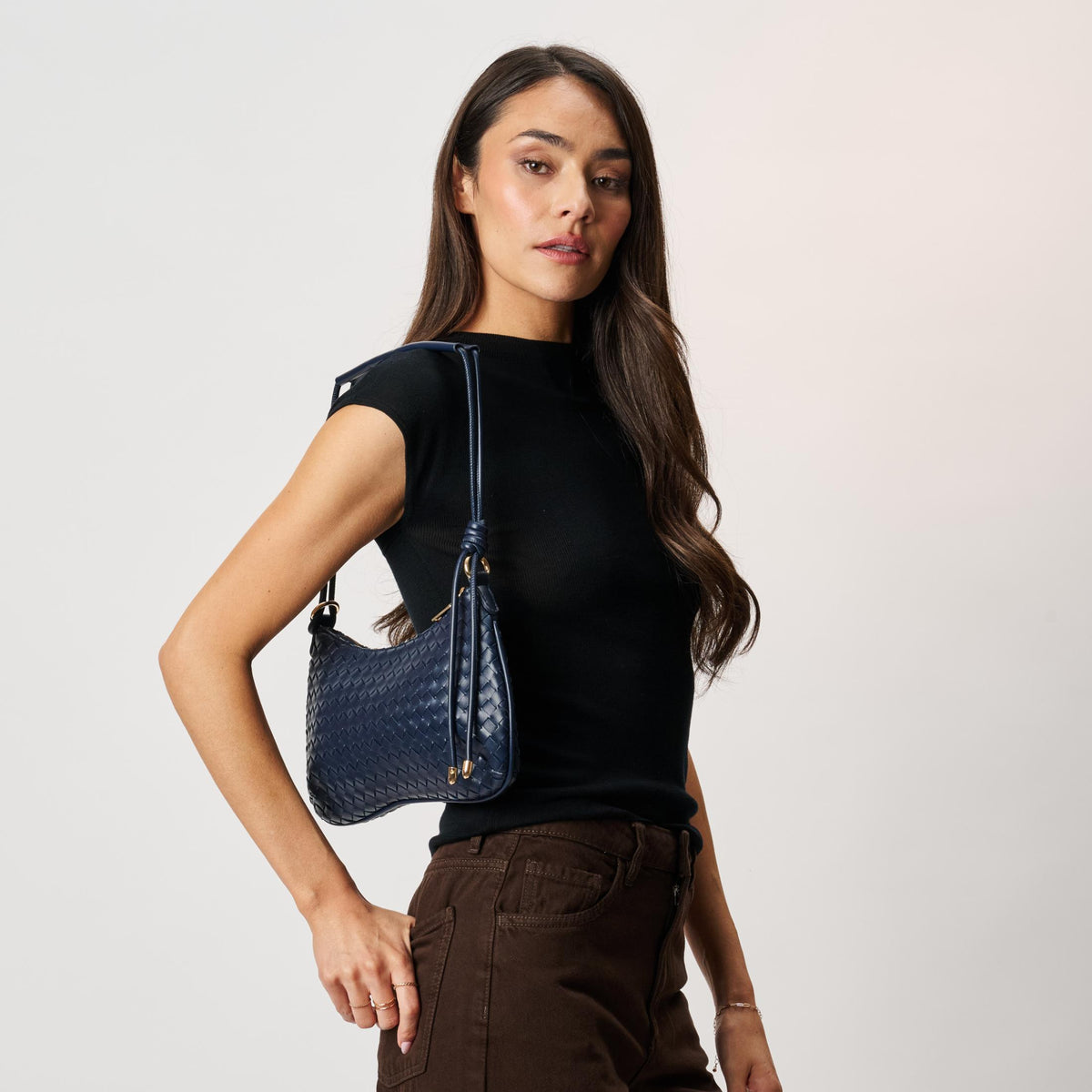 Woman wearing Midnight Moda Luxe Cindy Shoulder Bag 842017142683 View 1 | Midnight