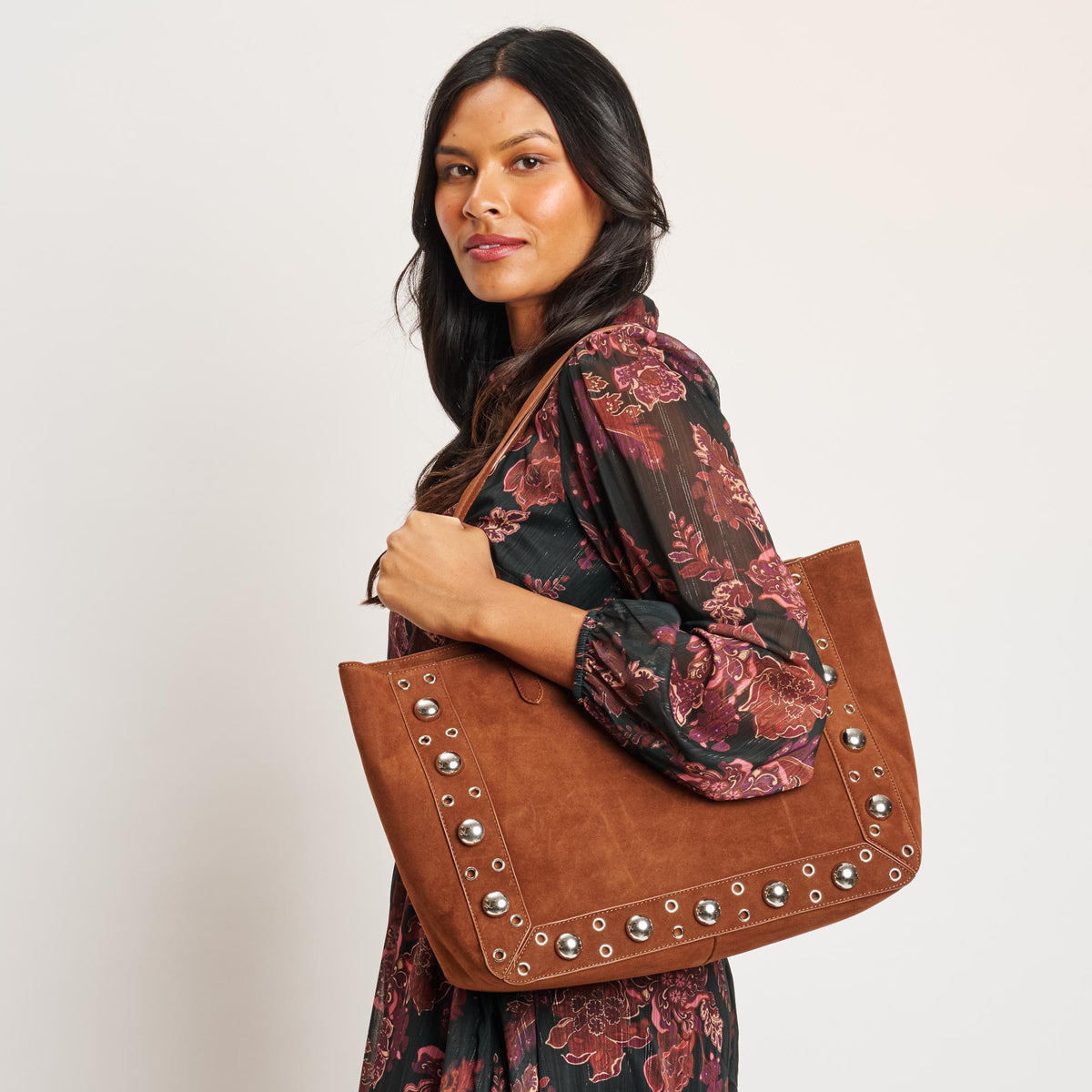 Woman wearing Cognac Moda Luxe Karli Tote 842017139911 View 1 | Cognac