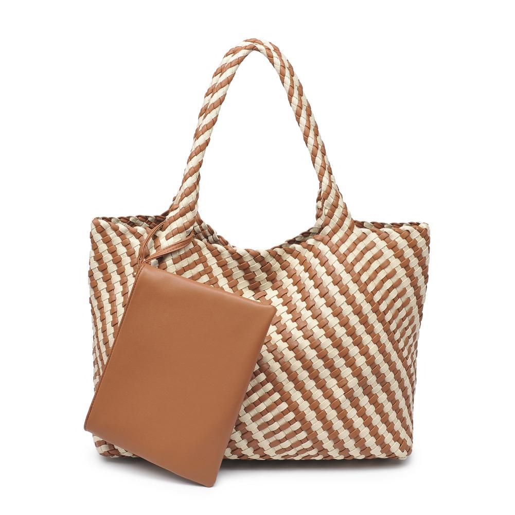 Woman wearing Chocolate Ivory Moda Luxe Solana - Mixed Material Tote 842017135784 View 5 | Chocolate Ivory