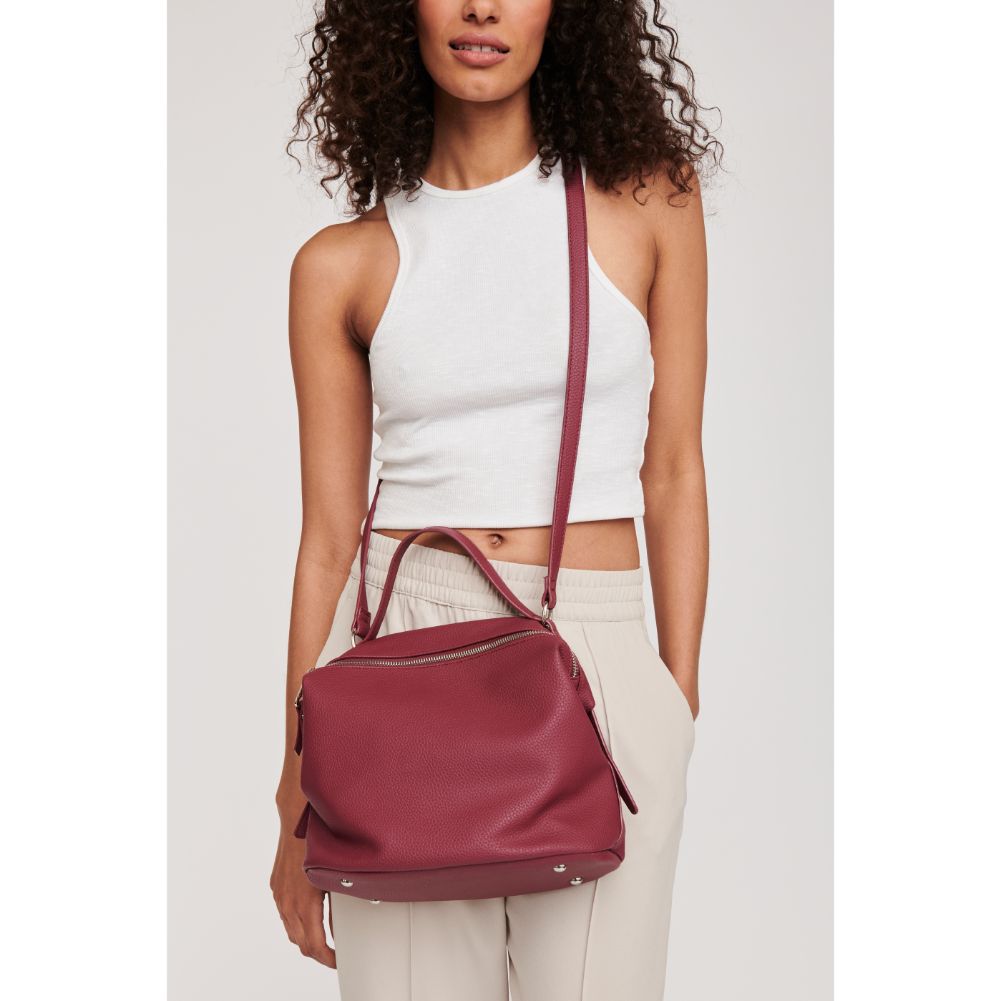 Woman wearing Merlot Moda Luxe Nicole Satchel 842017115472 View 1 | Merlot