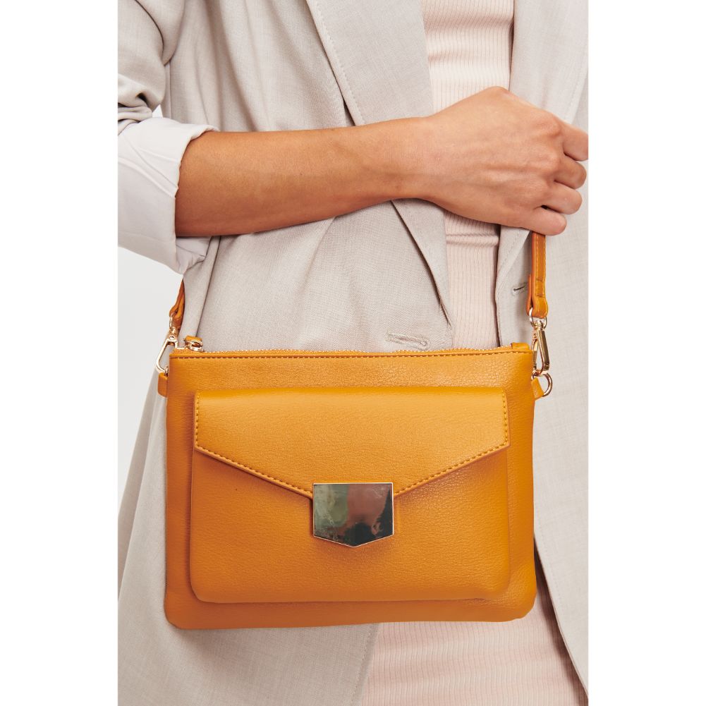Woman wearing Mustard Moda Luxe Amari Crossbody 842017128434 View 2 | Mustard