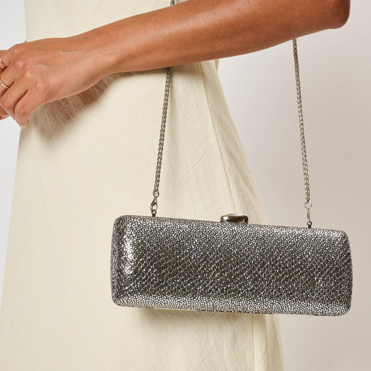 Woman wearing Silver Moda Luxe Elestine Evening Bag 842017142300 View 1 | Silver