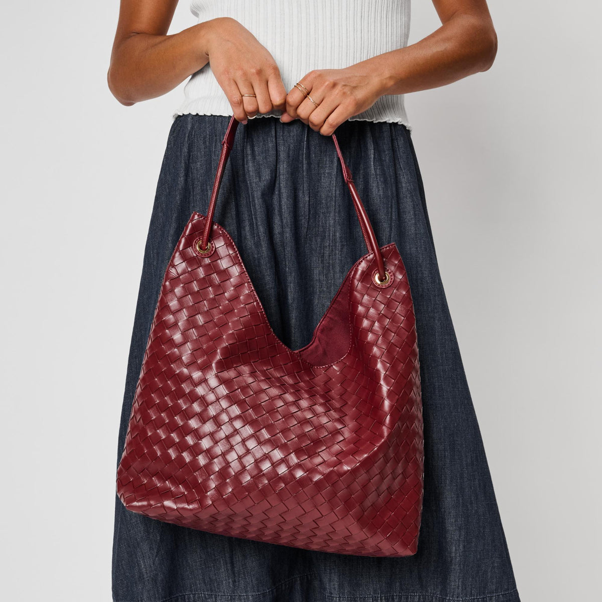 Woman wearing Burgundy Moda Luxe Ezia Hobo 842017142737 View 4 | Burgundy