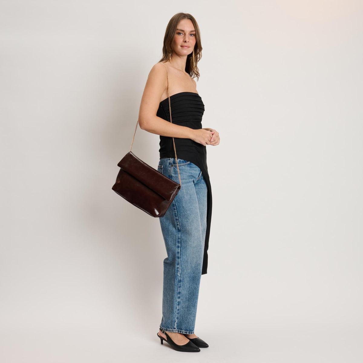 Woman wearing Espresso Moda Luxe Angela Crossbody 842017141648 View 2 | Espresso