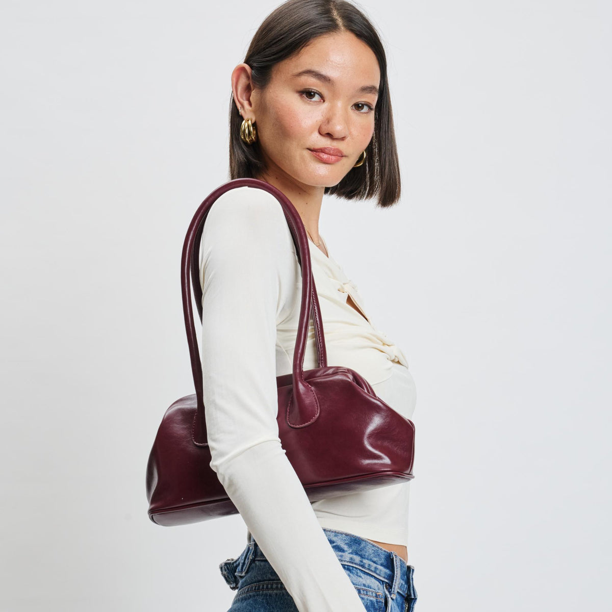 Woman wearing Wine Sol and Selene Nina Shoulder Bag 842017139584 View 2 | Wine