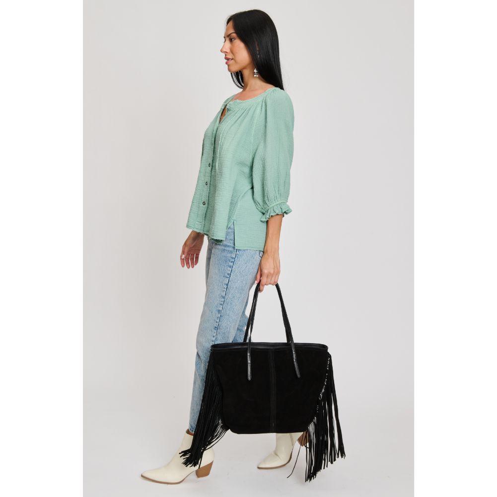 Woman wearing Black Sol and Selene Stevie Tote 842017133179 View 3 | Black