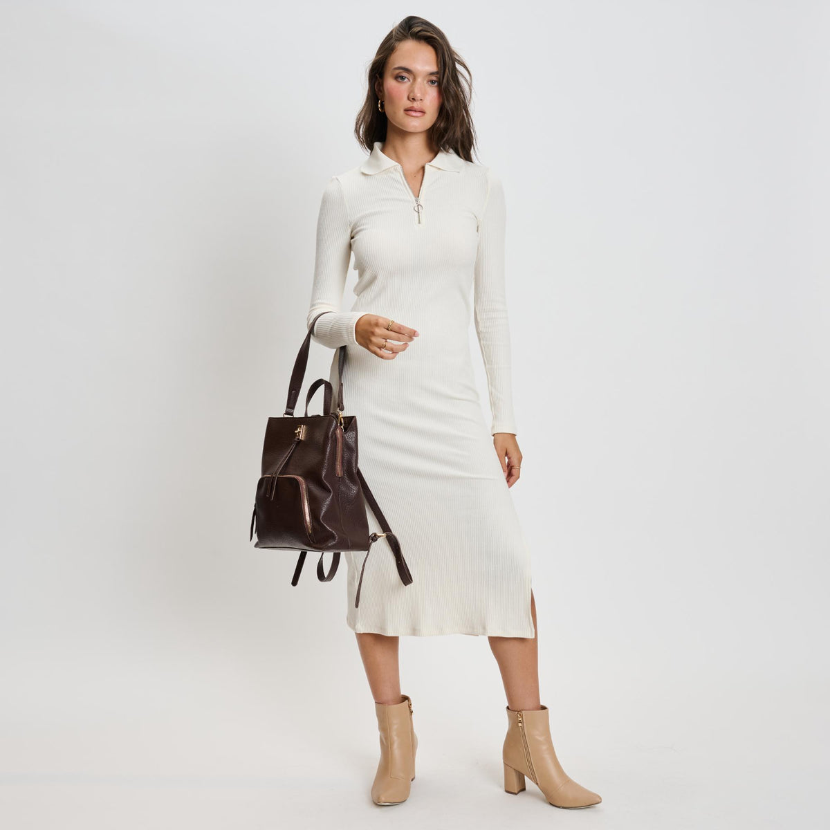 Woman wearing Espresso Moda Luxe Genevieve Backpack 842017136095 View 2 | Espresso