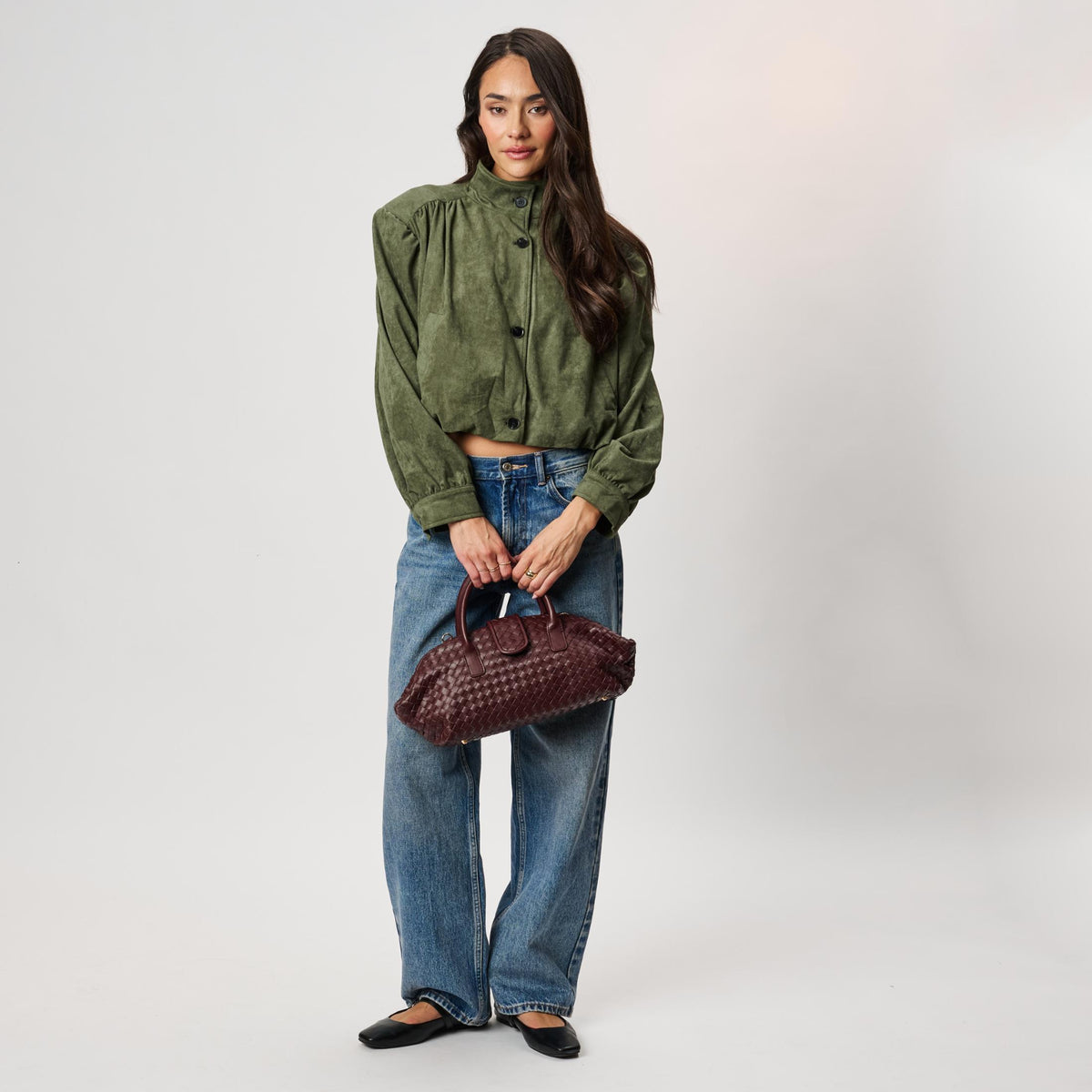 Woman wearing Burgundy Moda Luxe Brookhaven Satchel 842017142775 View 4 | Burgundy