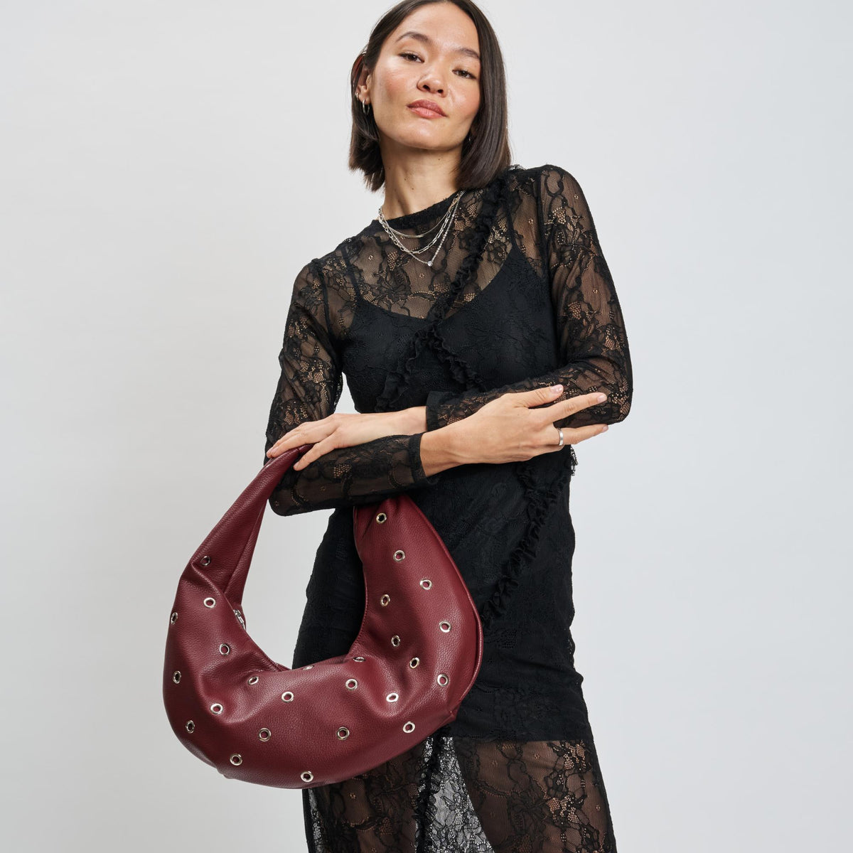 Woman wearing Burgundy Sol and Selene Riot Shoulder Bag 842017139768 View 1 | Burgundy