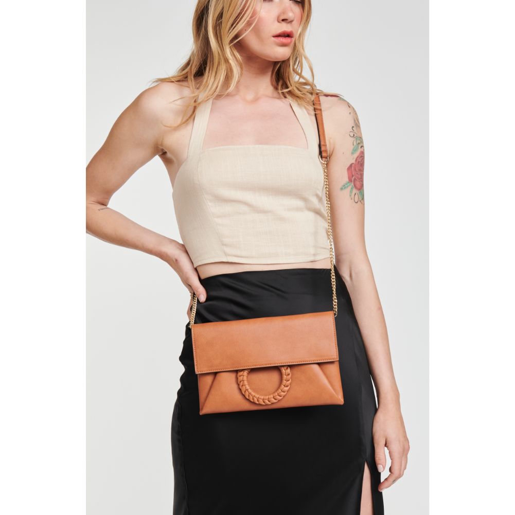 Woman wearing Tan Moda Luxe Harper Crossbody 842017124580 View 1 | Tan