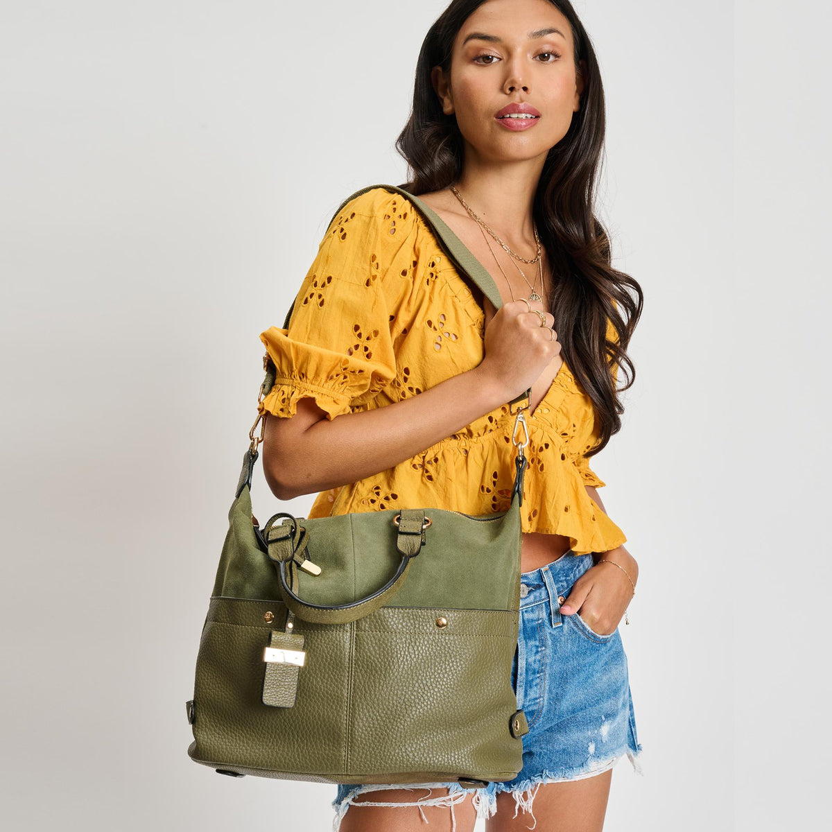 Woman wearing Olive Sol and Selene London Satchel 842017100768 View 1 | Olive