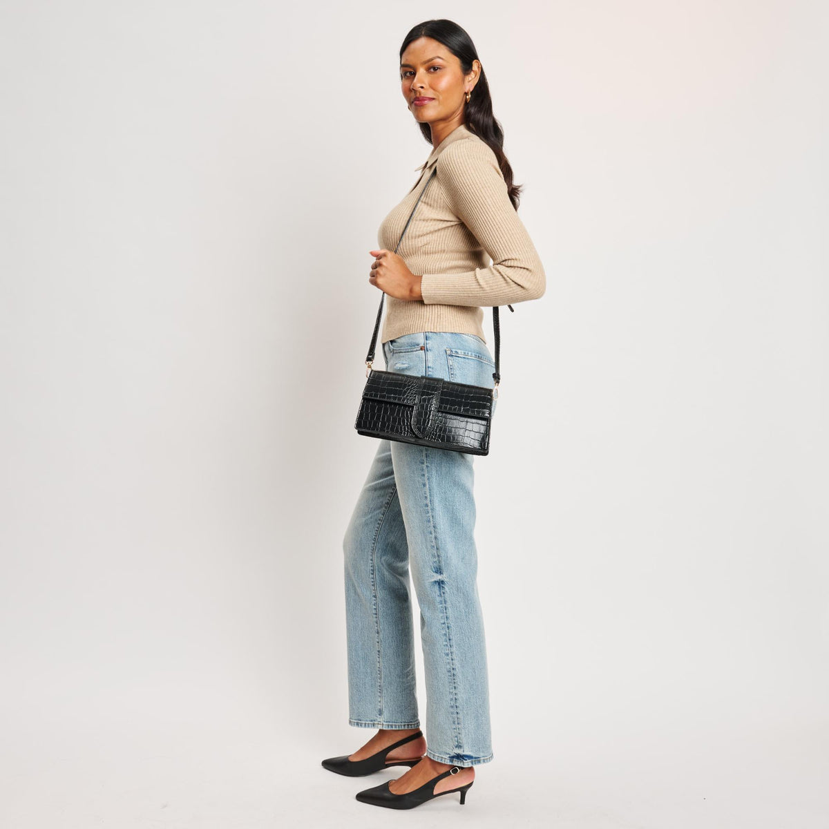 Woman wearing Black Moda Luxe Violet - Croco Crossbody 842017140061 View 4 | Black