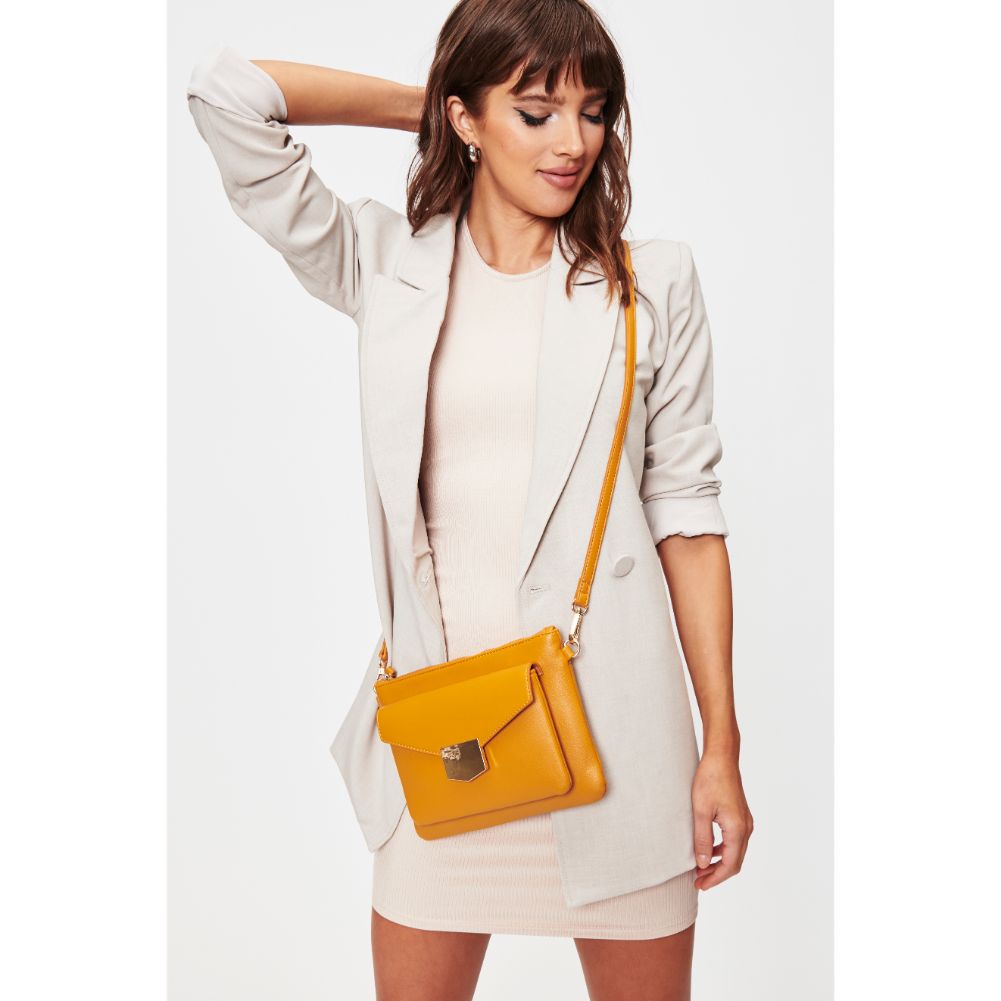 Woman wearing Mustard Moda Luxe Amari Crossbody 842017128434 View 4 | Mustard
