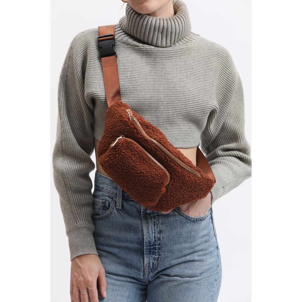 Woman wearing Tan Moda Luxe Orson Belt Bag 842017134237 View 4 | Tan
