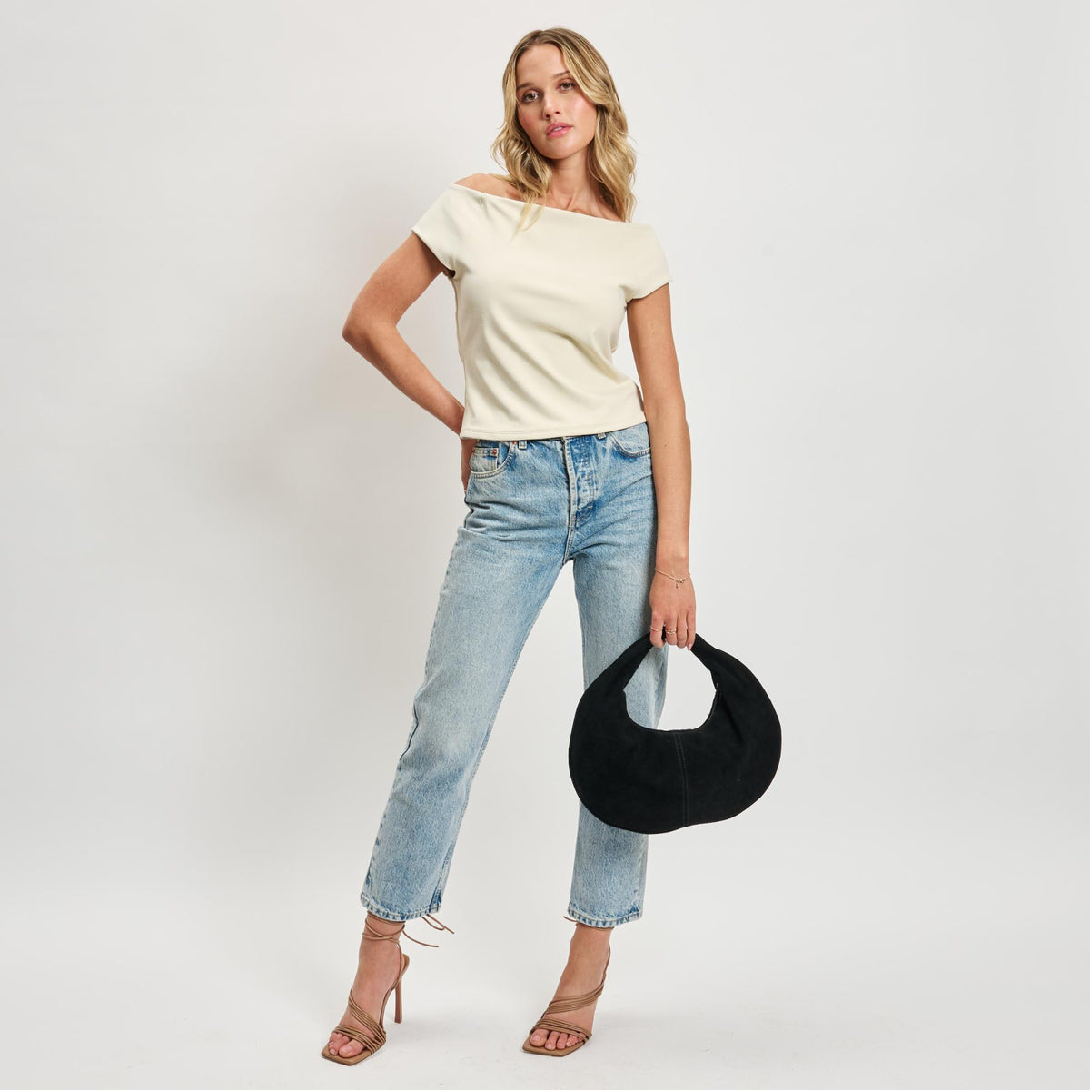 Woman wearing Black Moda Luxe Farrah - Suede Hobo 842017138617 View 4 | Black