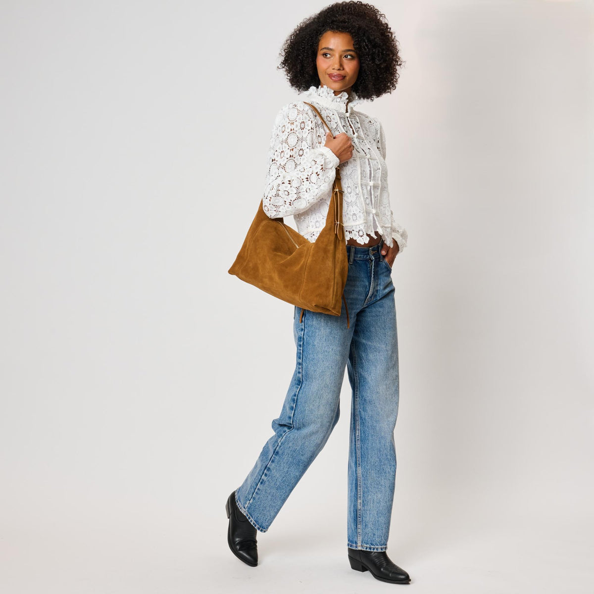 Woman wearing Caramel Moda Luxe Kelsea Satchel 842017142409 View 4 | Caramel