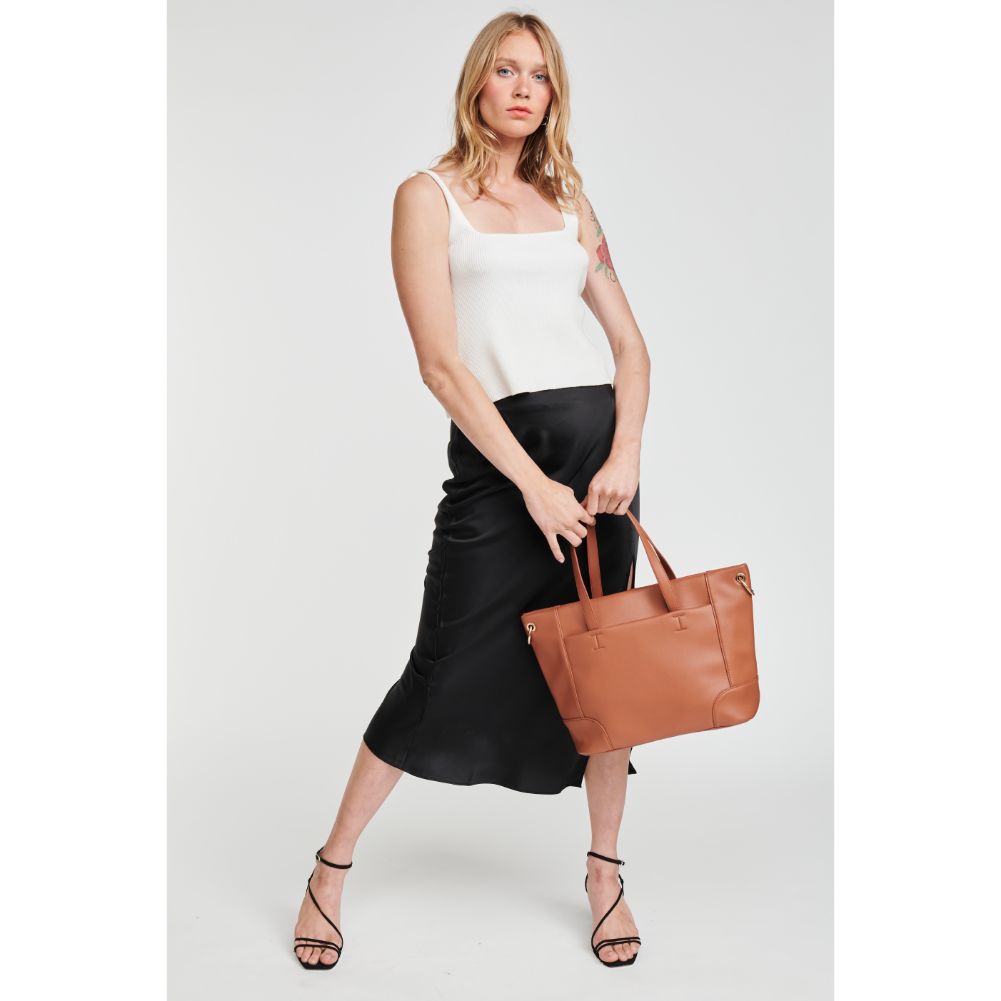Woman wearing Tan Moda Luxe Becka Tote 842017126577 View 3 | Tan