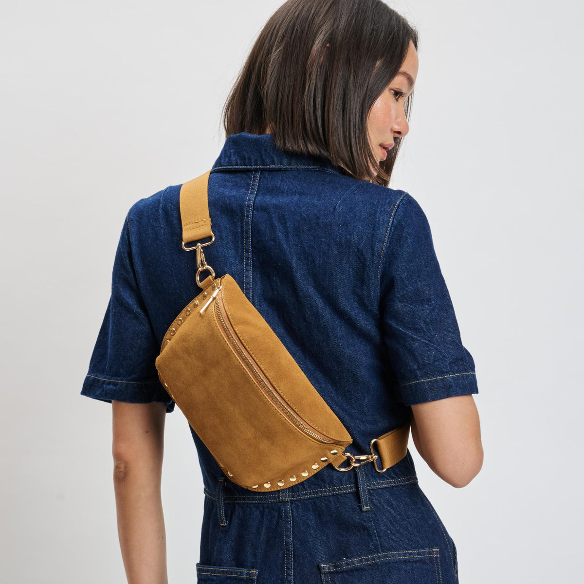 Woman wearing Tan Moda Luxe Gizelle-Suede Belt Bag 842017139676 View 3 | Tan