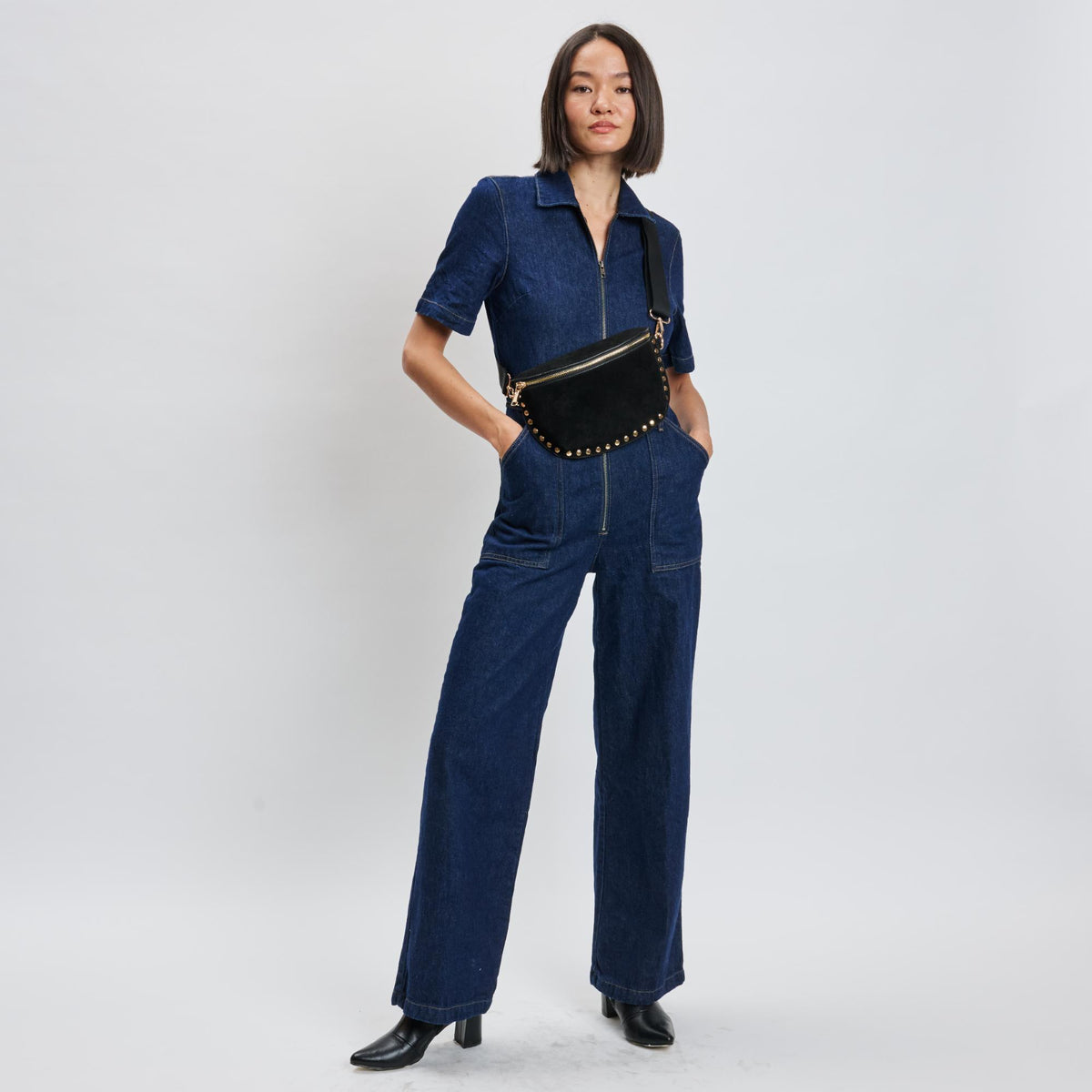 Woman wearing Black Sol and Selene Gizelle-Suede Belt Bag 842017139706 View 3 | Black