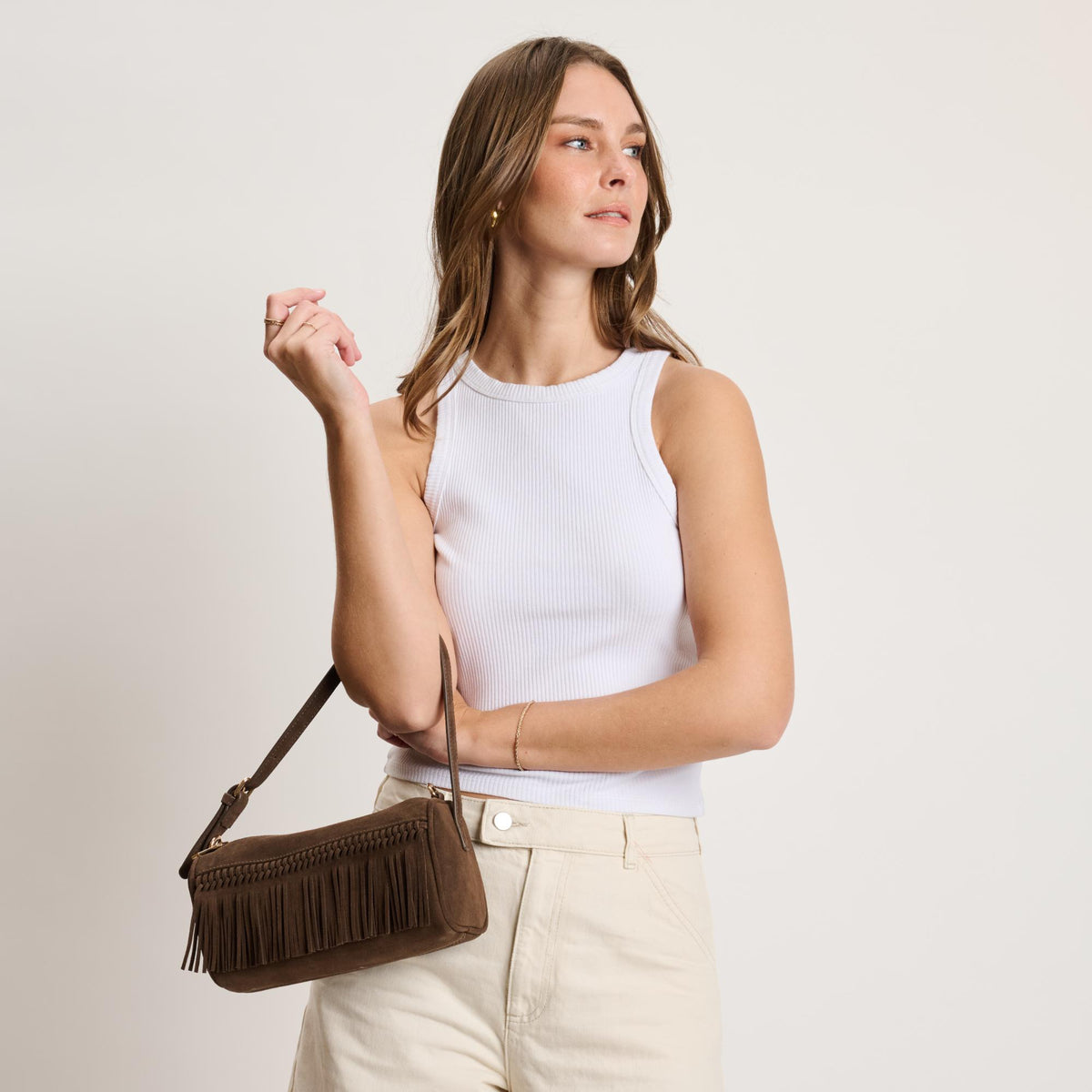 Woman wearing Chocolate Moda Luxe Emmi Shoulder Bag 842017140450 View 4 | Chocolate