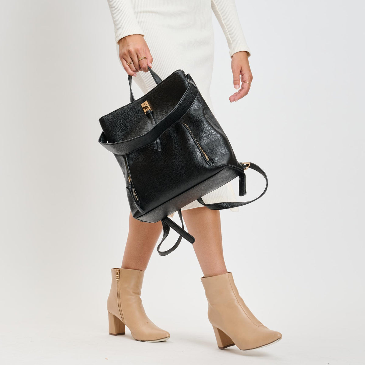 Woman wearing Black Moda Luxe Genevieve Backpack 842017136071 View 3 | Black