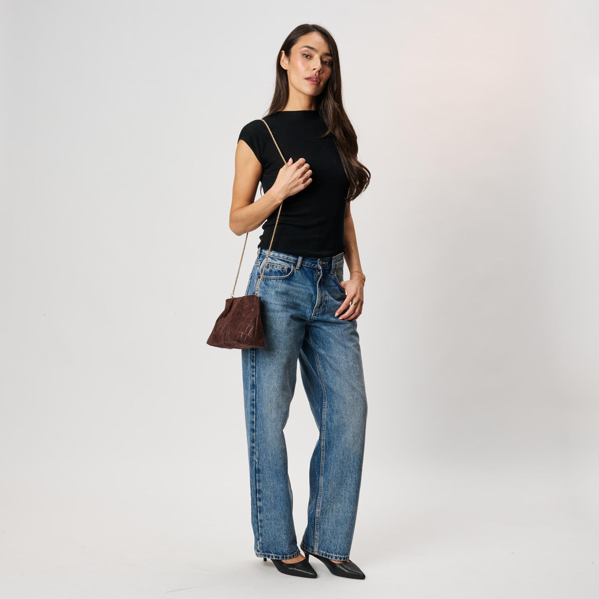Woman wearing Chocolate Moda Luxe Elva Croco Clutch 842017142270 View 4 | Chocolate