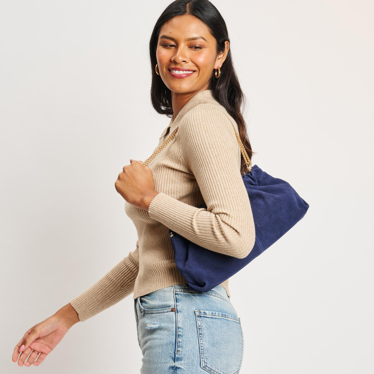 Woman wearing Navy Moda Luxe Penelope Shoulder Bag 842017139157 View 2 | Navy