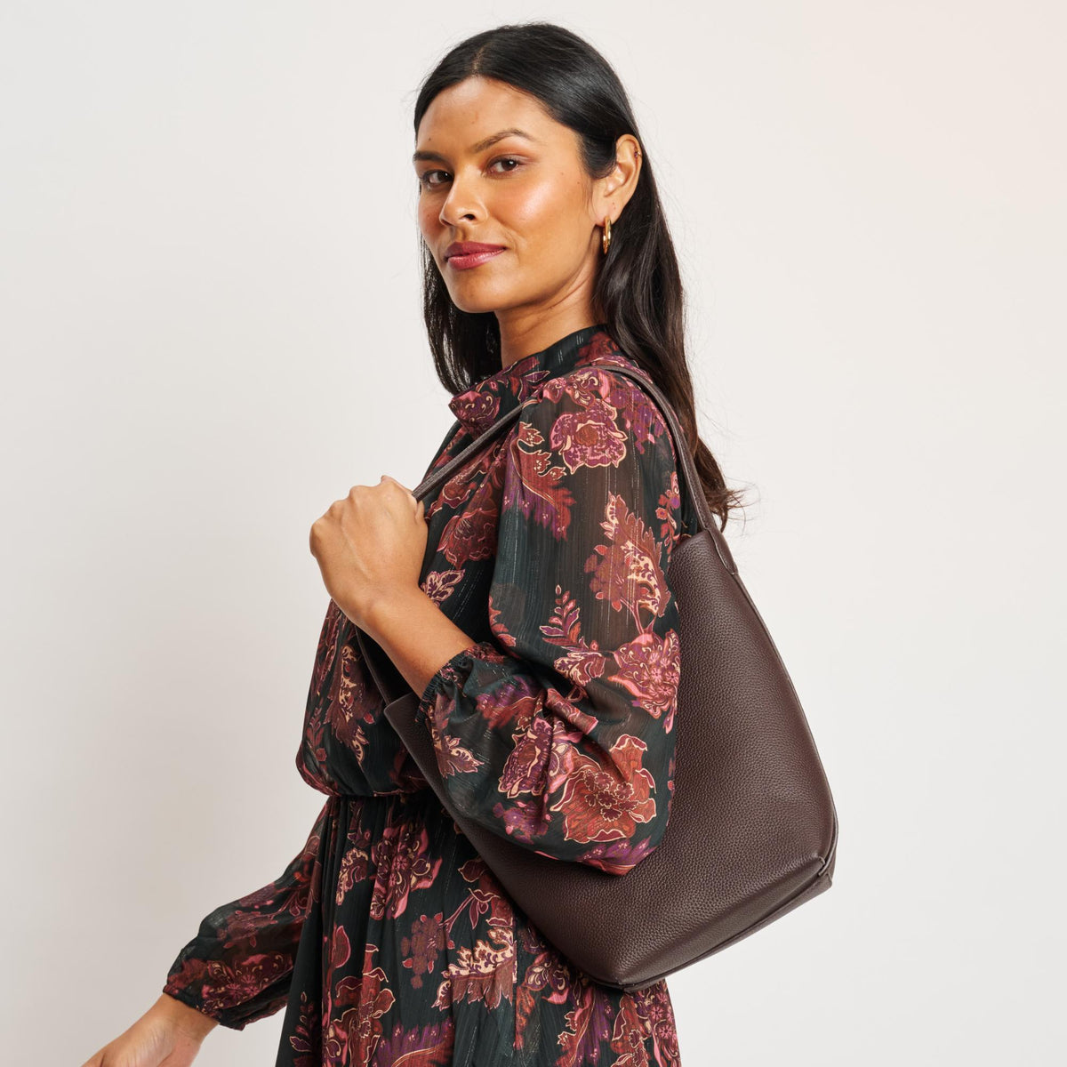 Woman wearing Chocolate Moda Luxe Odette Bucket 842017138976 View 2 | Chocolate