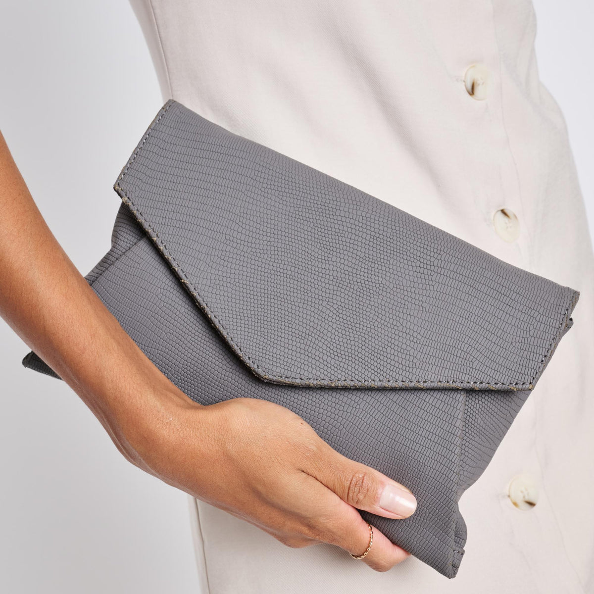 Woman wearing Grey Sol and Selene Cara Clutch 842017118190 View 1 | Grey
