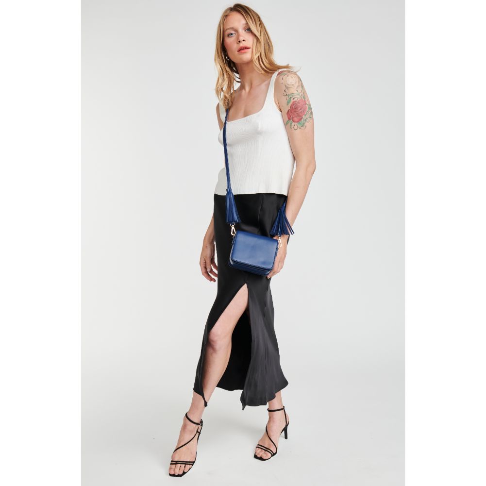 Woman wearing Navy Moda Luxe Aurelia Crossbody 842017102328 View 3 | Navy