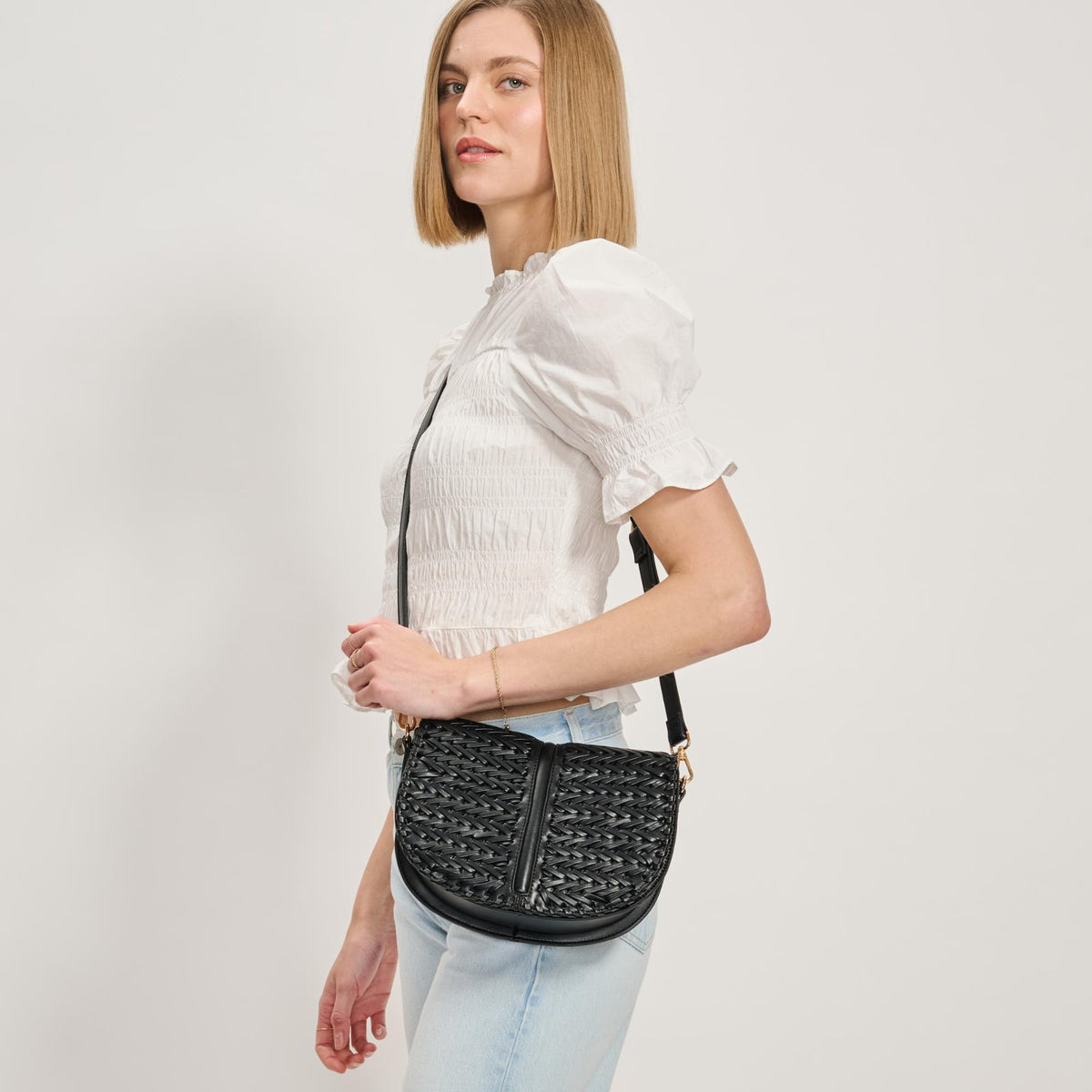 Woman wearing Black Moda Luxe Cecillia Crossbody 842017137689 View 1 | Black