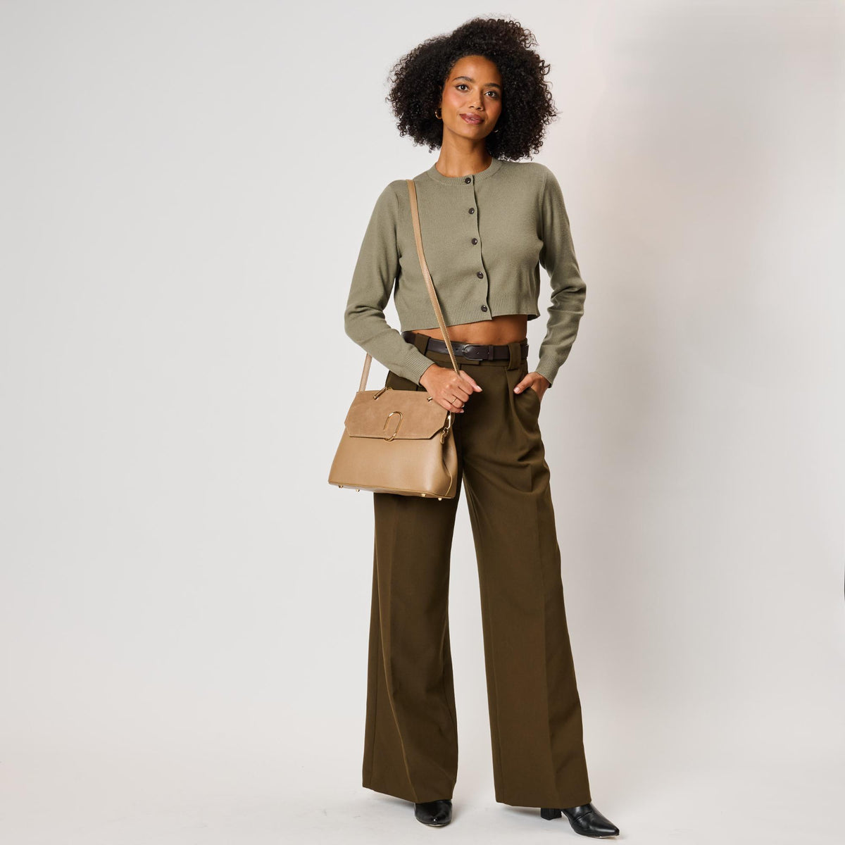 Woman wearing Mushroom Moda Luxe Nico Satchel 842017143413 View 3 | Mushroom