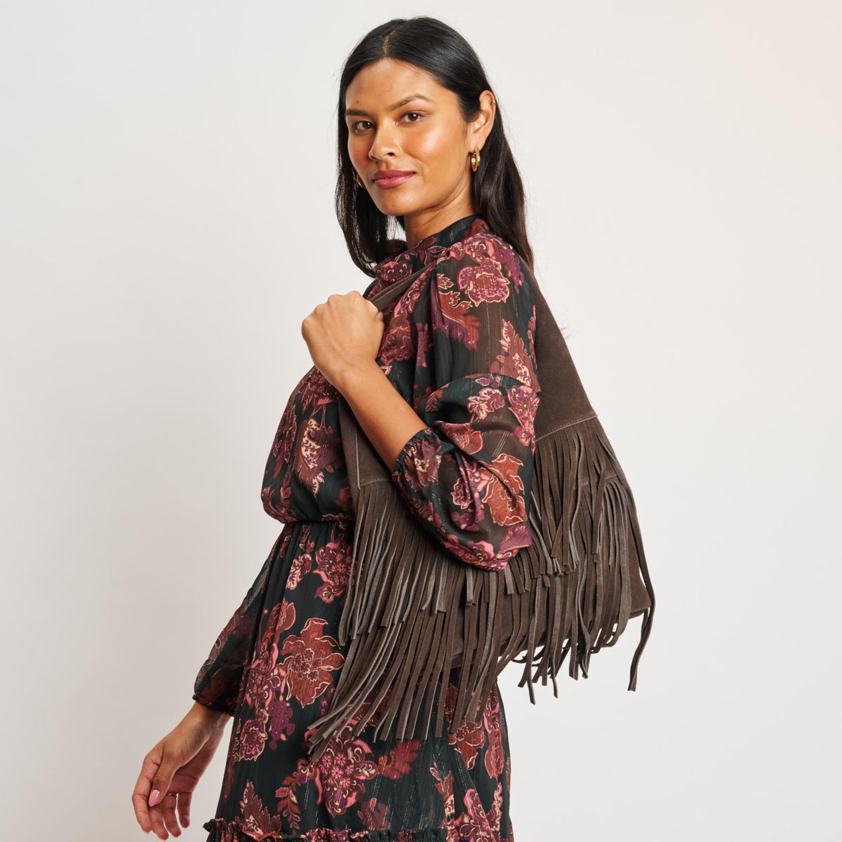 Woman wearing Chocolate Moda Luxe Hope Hobo 842017139096 View 2 | Chocolate