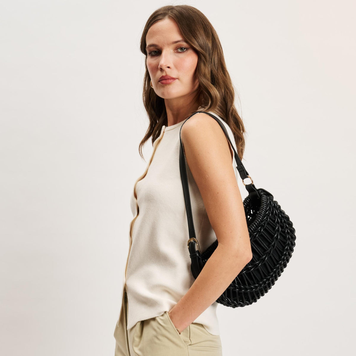 Woman wearing Black Moda Luxe Francesca Clutch 842017141389 View 2 | Black