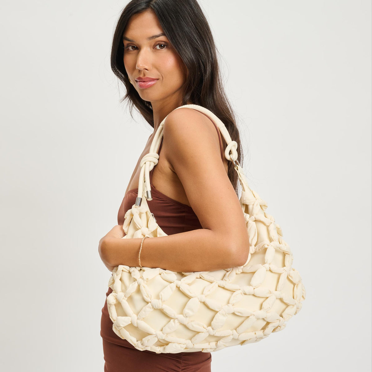 Woman wearing White Sol and Selene Leslie Hobo 842017135661 View 2 | White