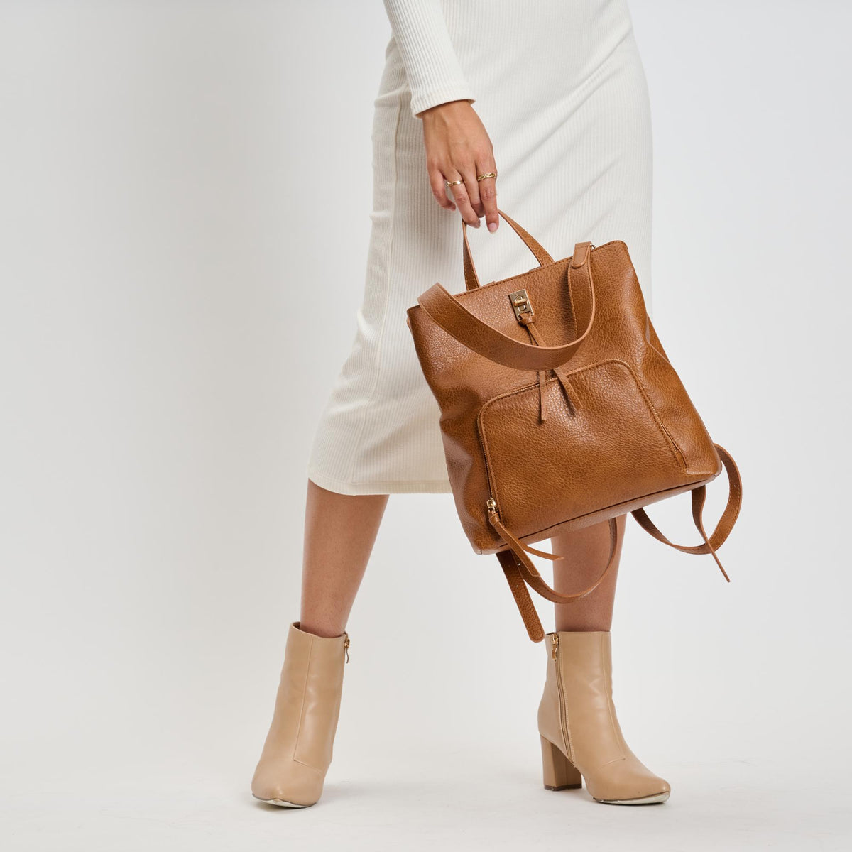 Woman wearing Cognac Moda Luxe Genevieve Backpack 842017136088 View 3 | Cognac