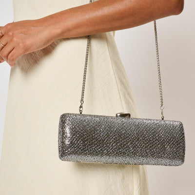 Woman wearing Silver Moda Luxe Elestine Evening Bag 842017142300 View 1 | Silver