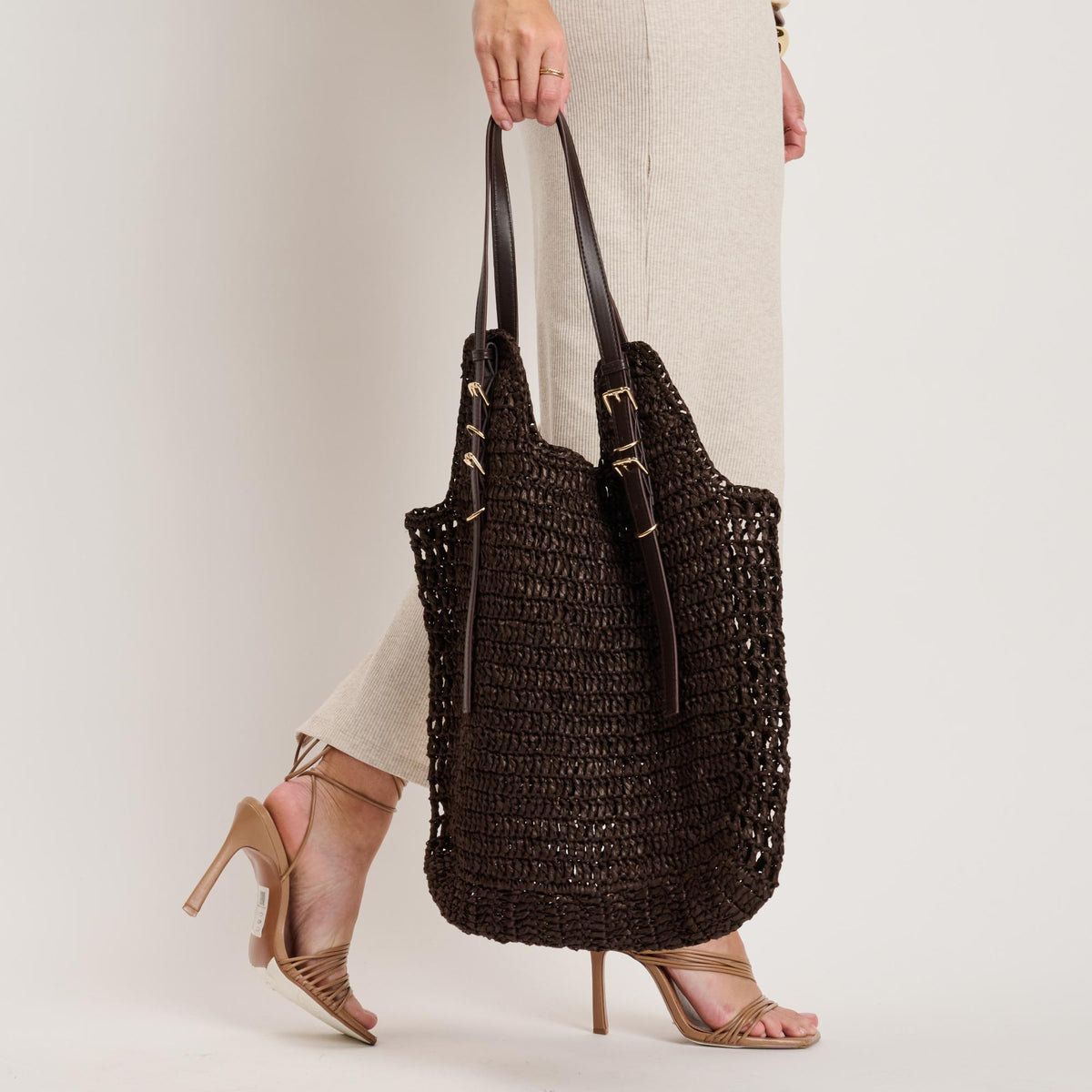 Woman wearing Chocolate Moda Luxe Reina Tote 842017140726 View 3 | Chocolate