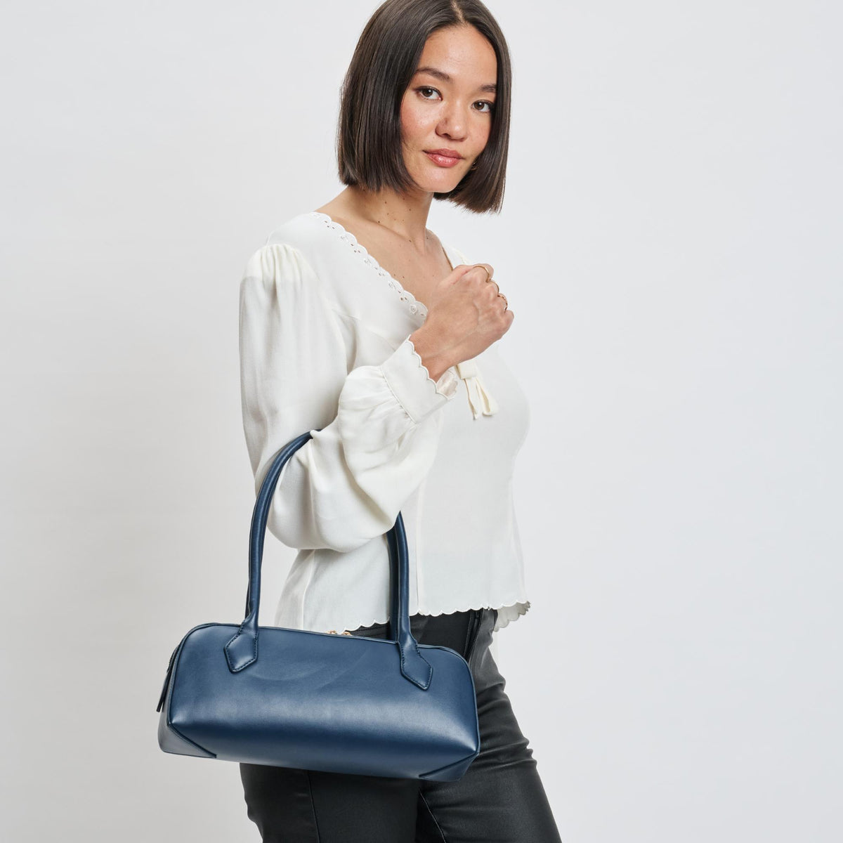 Woman wearing Midnight Moda Luxe Betty Shoulder Bag 842017139409 View 3 | Midnight