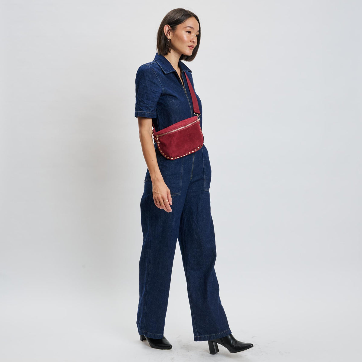 Woman wearing Wine Moda Luxe Gizelle-Suede Belt Bag 842017139683 View 3 | Wine