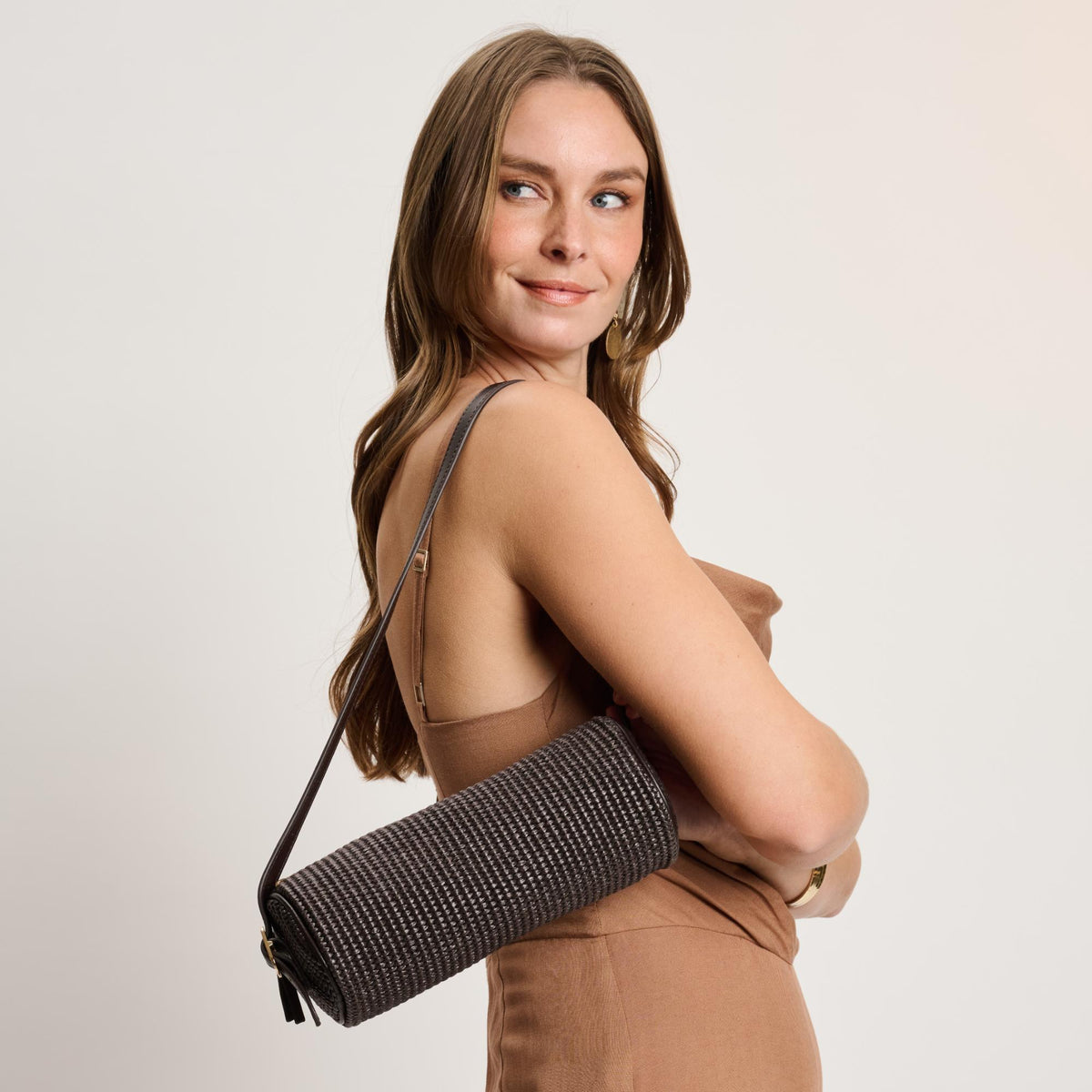 Woman wearing Chocolate Moda Luxe Mila - Straw Shoulder Bag 842017140689 View 4 | Chocolate