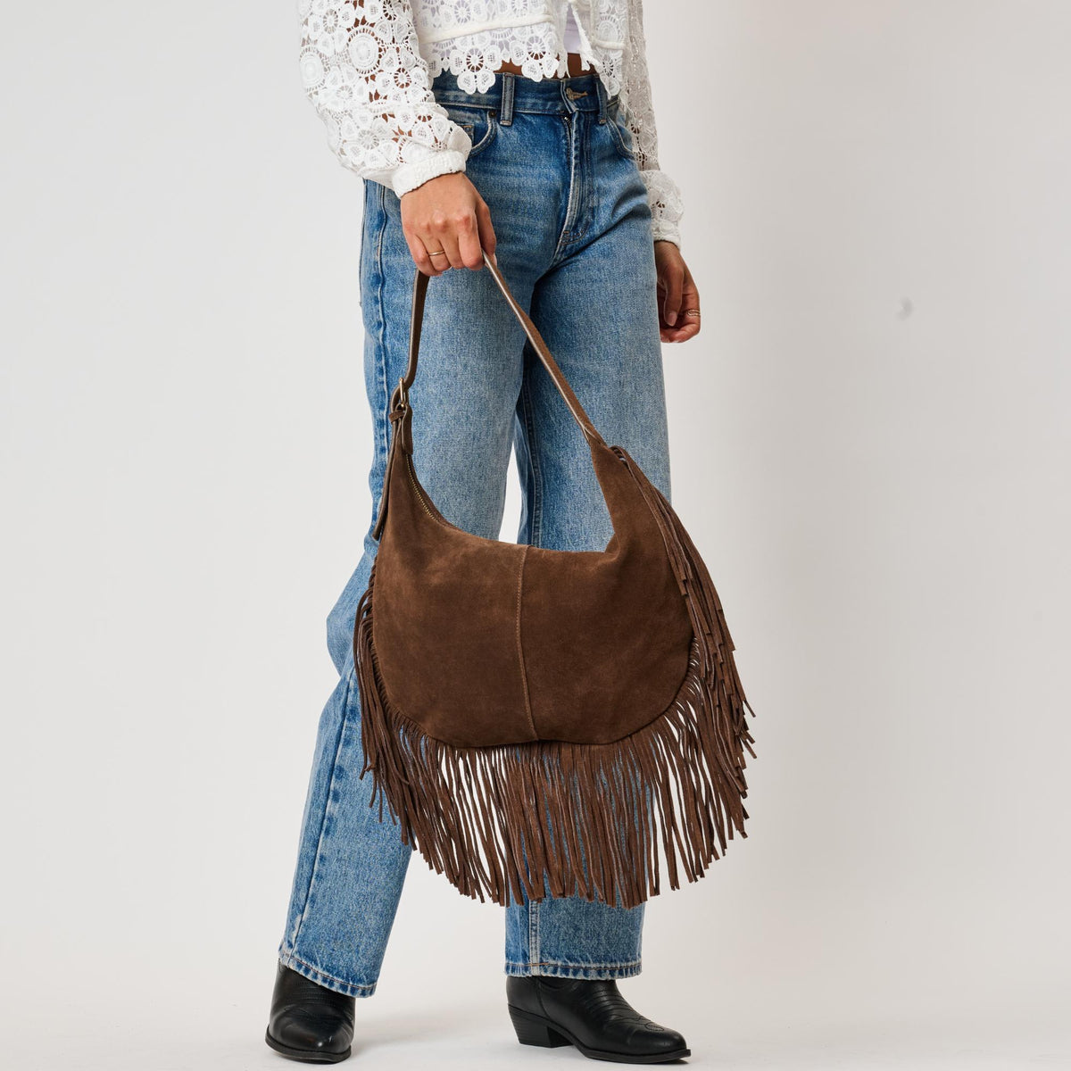 Woman wearing Chocolate Moda Luxe Reba Hobo 842017142362 View 3 | Chocolate