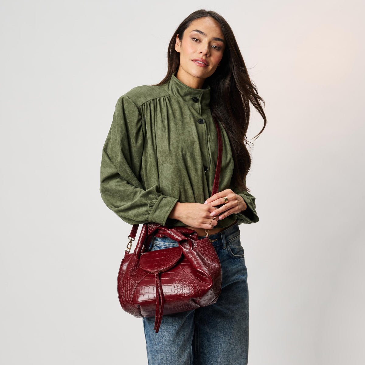 Woman wearing Burgundy Moda Luxe Amaya Satchel 842017142553 View 1 | Burgundy
